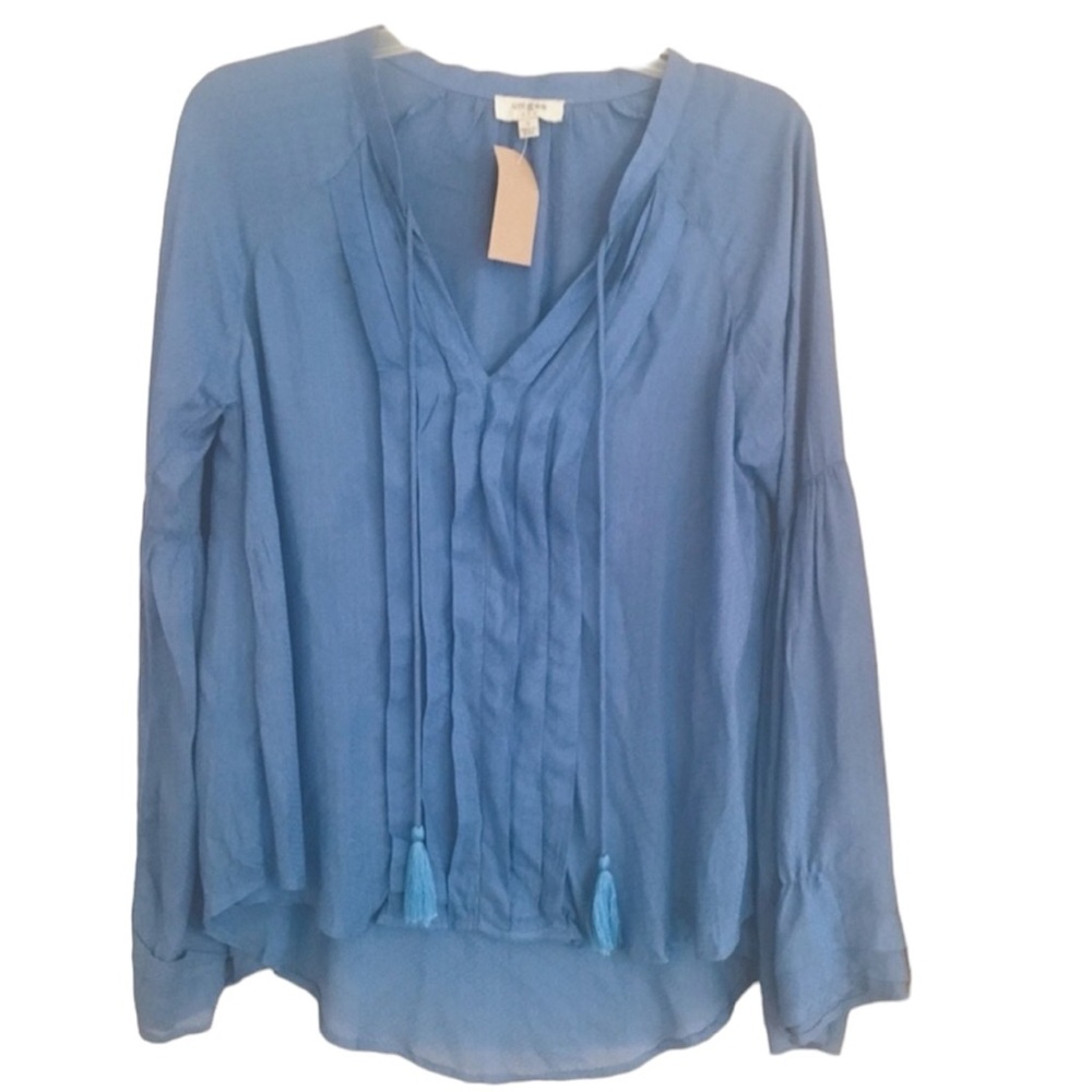 Umgee Boho Tie-Front Top Fluted Sheer Long Sleeved Coastal Cowgirl Blue Small